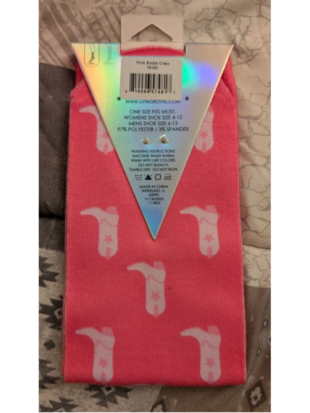 Living Royal Pink White Cowboy Boots Crew Socks One Size - Picture 3 of 4